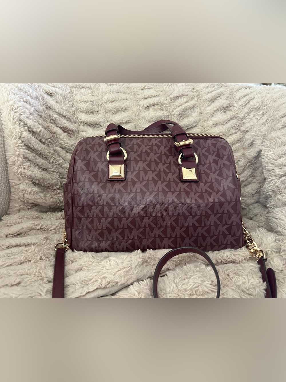 Michael Kors Maroon MK Logo Satchel with Gold Hardware